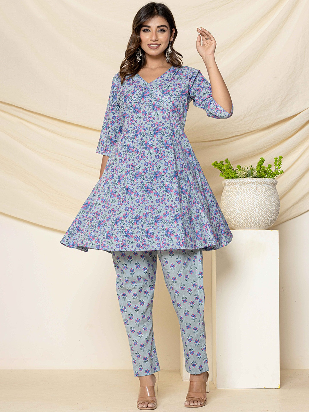 

Fabmoha Floral Printed Pure Cotton Tunic & Trouser Co-Ord Set, Blue