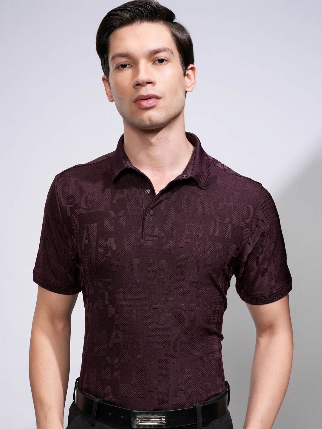 

HIGHLANDER Men Typography Printed Polo Collar Cotton T-shirt, Burgundy