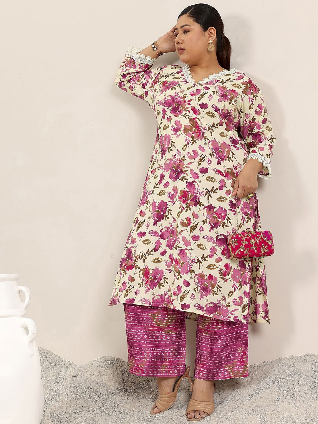 

EXTRA LOVE BY LIBAS Plus Size Floral Printed Thread Work Straight Kurta With Trouser, Off white