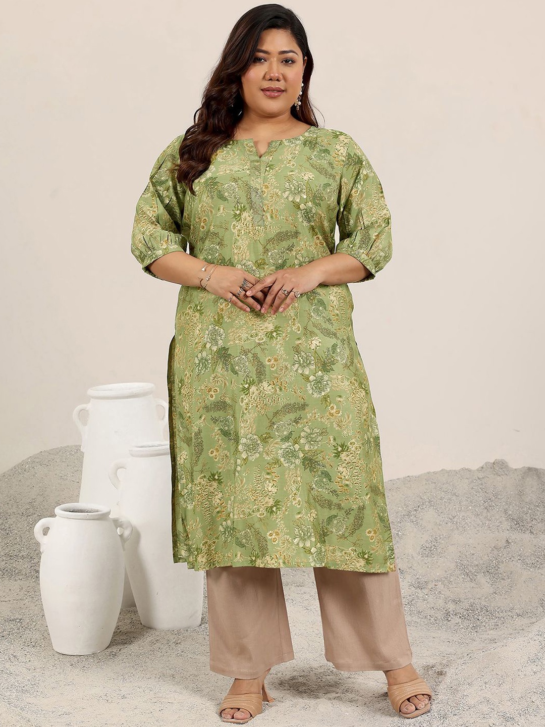 

EXTRA LOVE BY LIBAS Plus Size Floral Printed Notch Neck Puff Sleeves Straight Kurta, Green