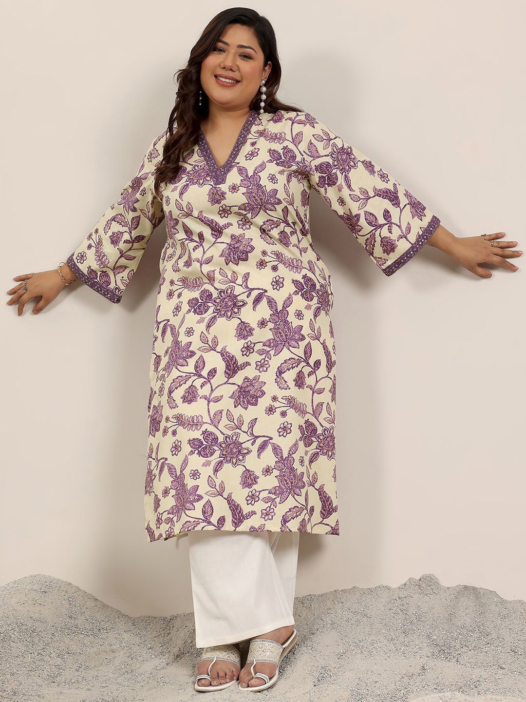 

EXTRA LOVE BY LIBAS Plus Size Floral Printed V-Neck Sequinned Straight Kurta, Off white