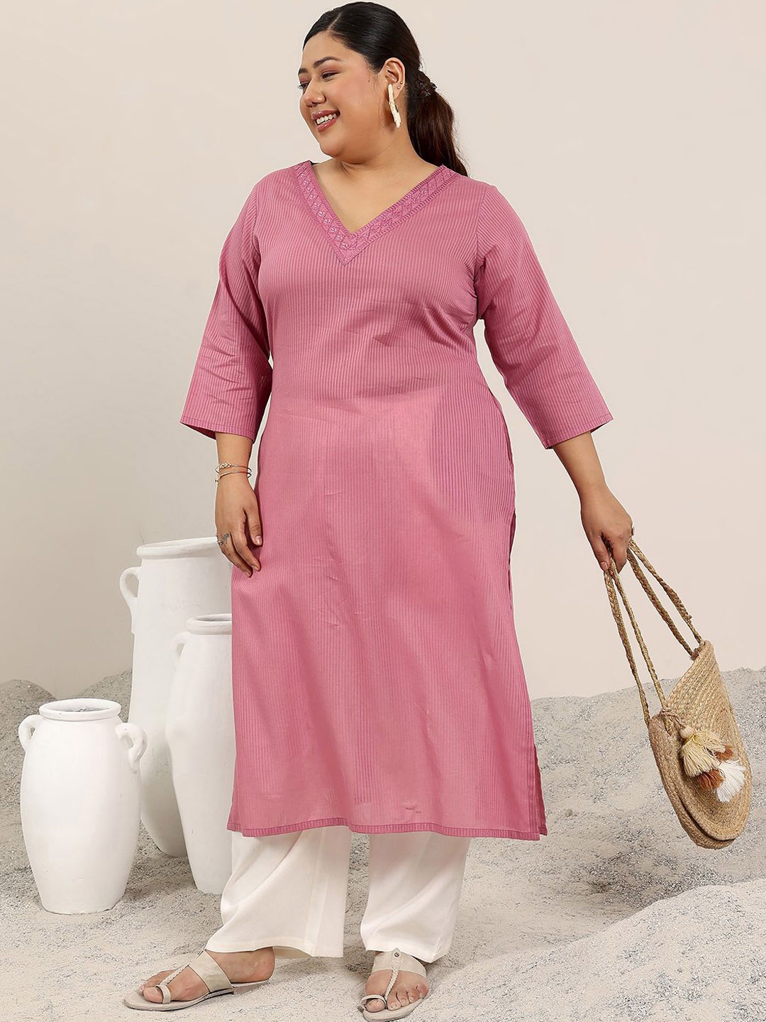 

EXTRA LOVE BY LIBAS Plus Size Striped V-Neck Thread Work Straight Kurta, Pink