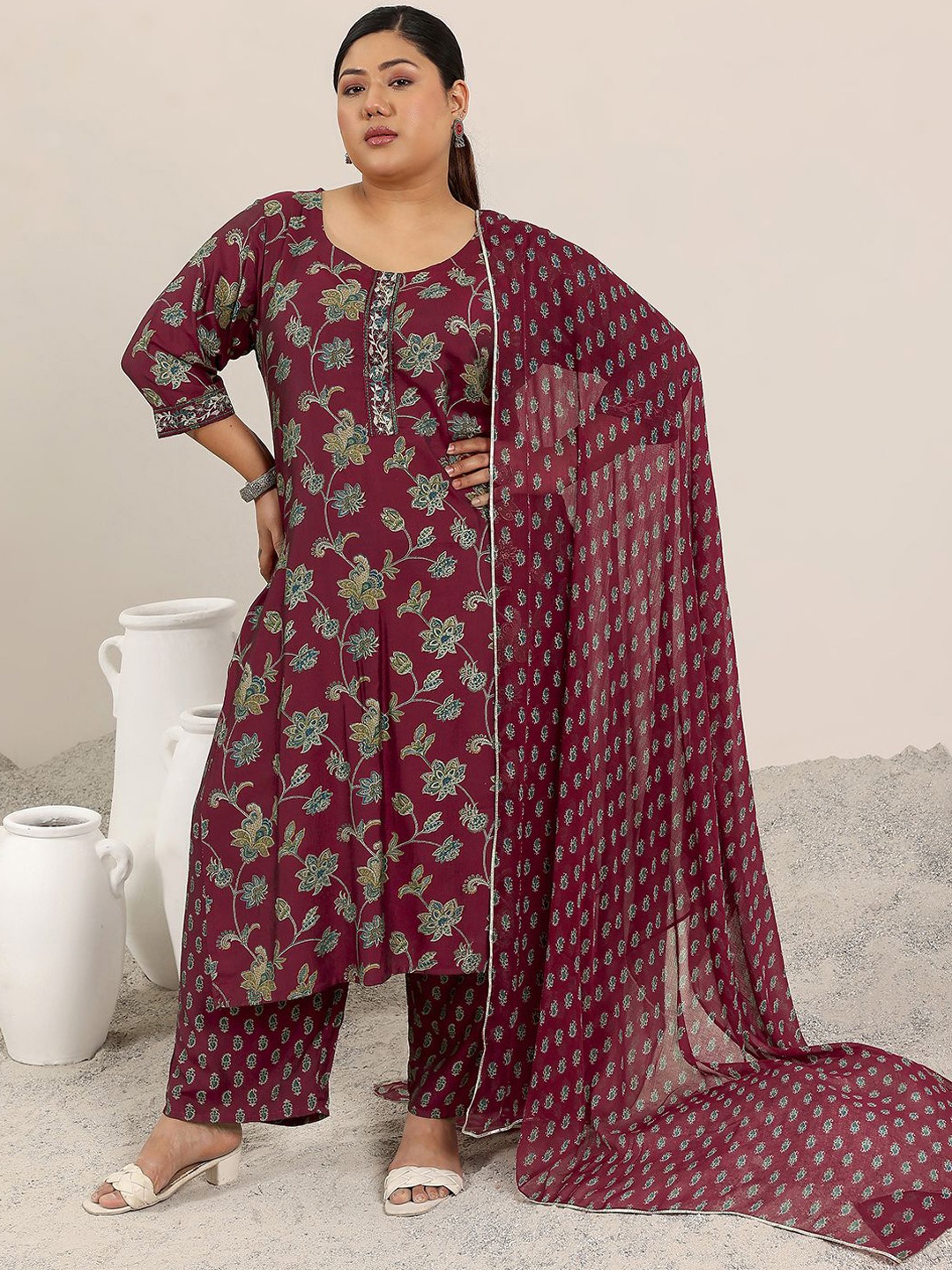 EXTRA LOVE BY LIBAS Plus Size Floral Printed Thread Work Kurta With Trousers & Dupatta, Maroon