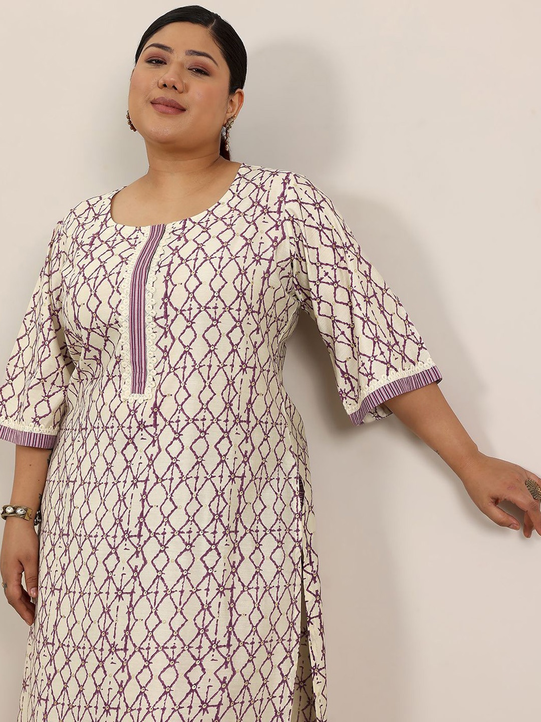 

EXTRA LOVE BY LIBAS Plus Size Ethnic Motifs Printed Thread Work Kurta With Trouser, Off white