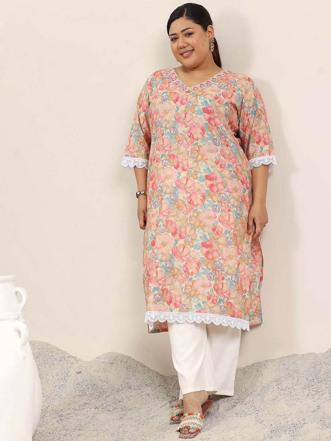 

EXTRA LOVE BY LIBAS Plus Size Floral Printed V-Neck Thread Work Straight Kurta, Beige