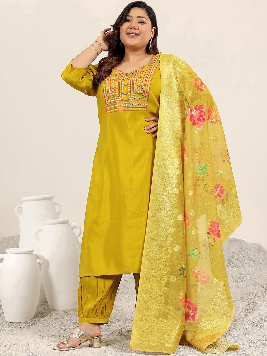 

EXTRA LOVE BY LIBAS Plus Size Floral Yoke Design Straight Kurta With Salwar & Dupatta, Mustard