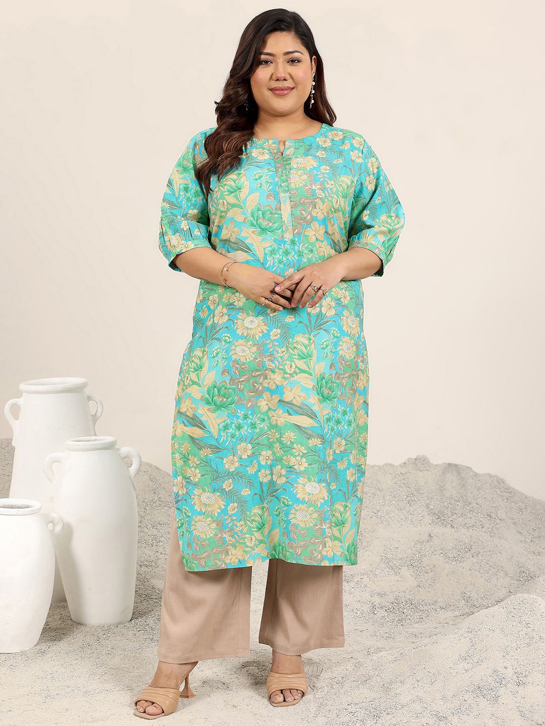 

EXTRA LOVE BY LIBAS Plus Size Floral Printed Notch Neck Puff Sleeves Straight Kurta, Blue