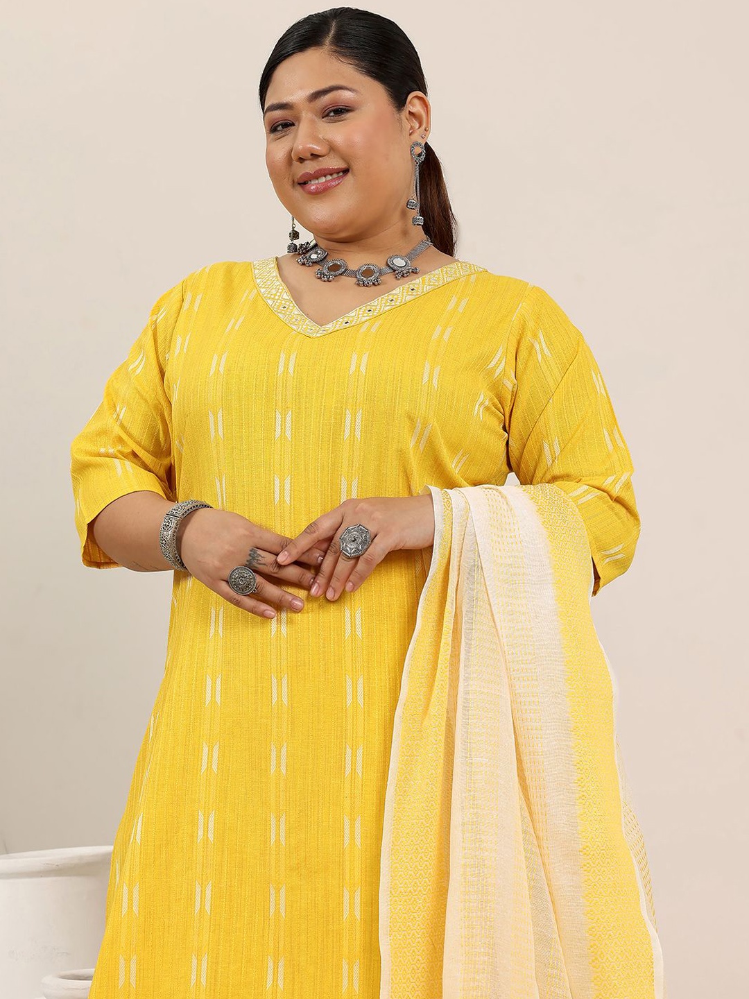 

EXTRA LOVE BY LIBAS Plus Size Geometric Woven Design Thread Work Kurta & Salwar & Dupatta, Yellow