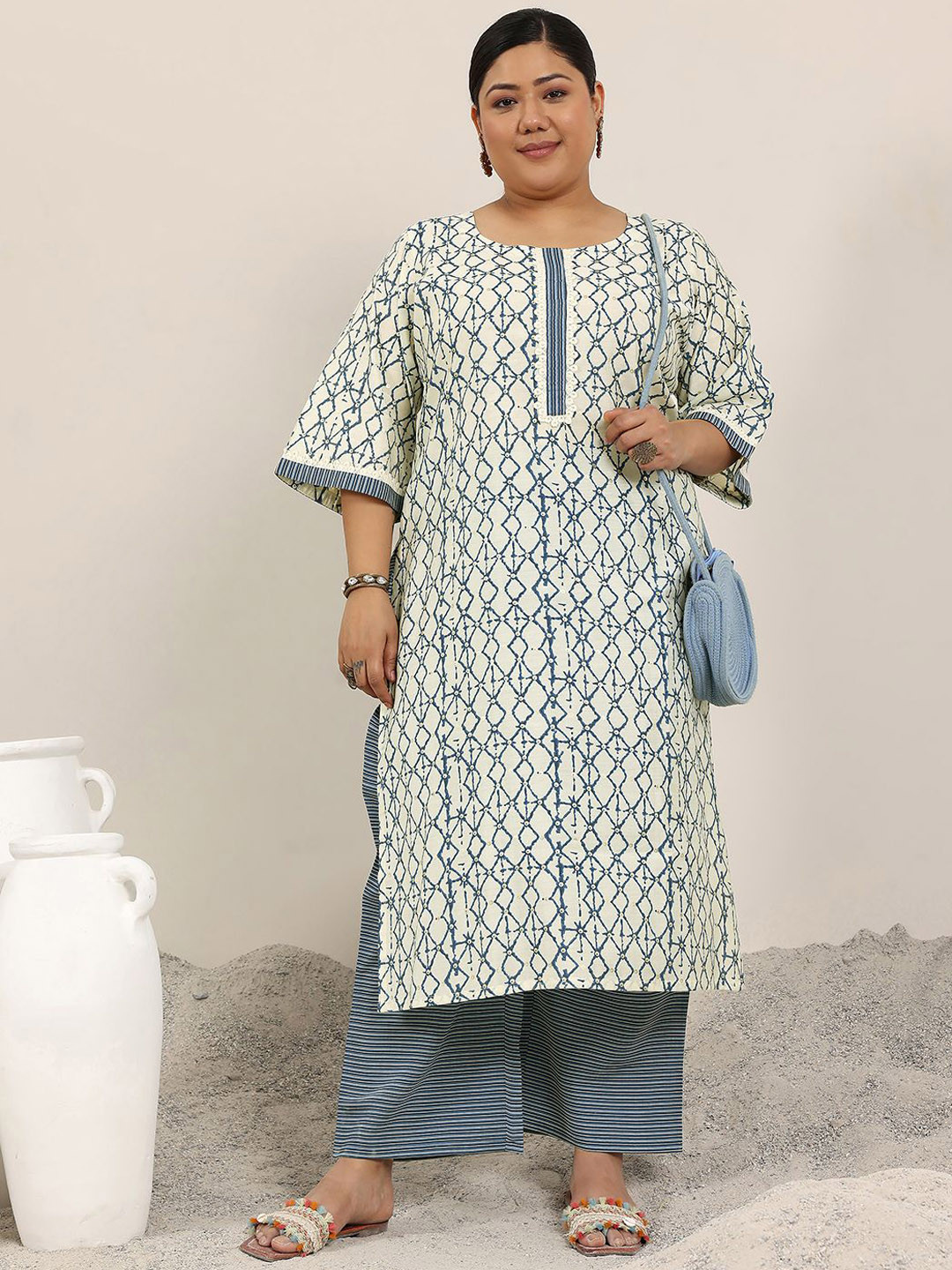 

EXTRA LOVE BY LIBAS Plus Size Ethnic Motifs Printed Thread Work Kurta With Trouser, Off white