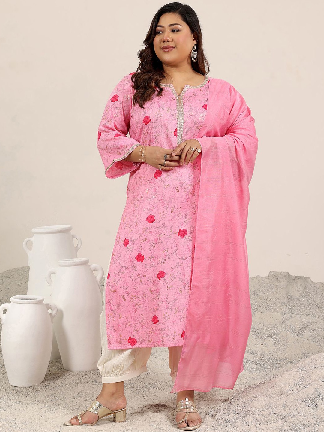 

EXTRA LOVE BY LIBAS Plus Size Floral Printed Straight Kurta With Salwar & Dupatta, Pink