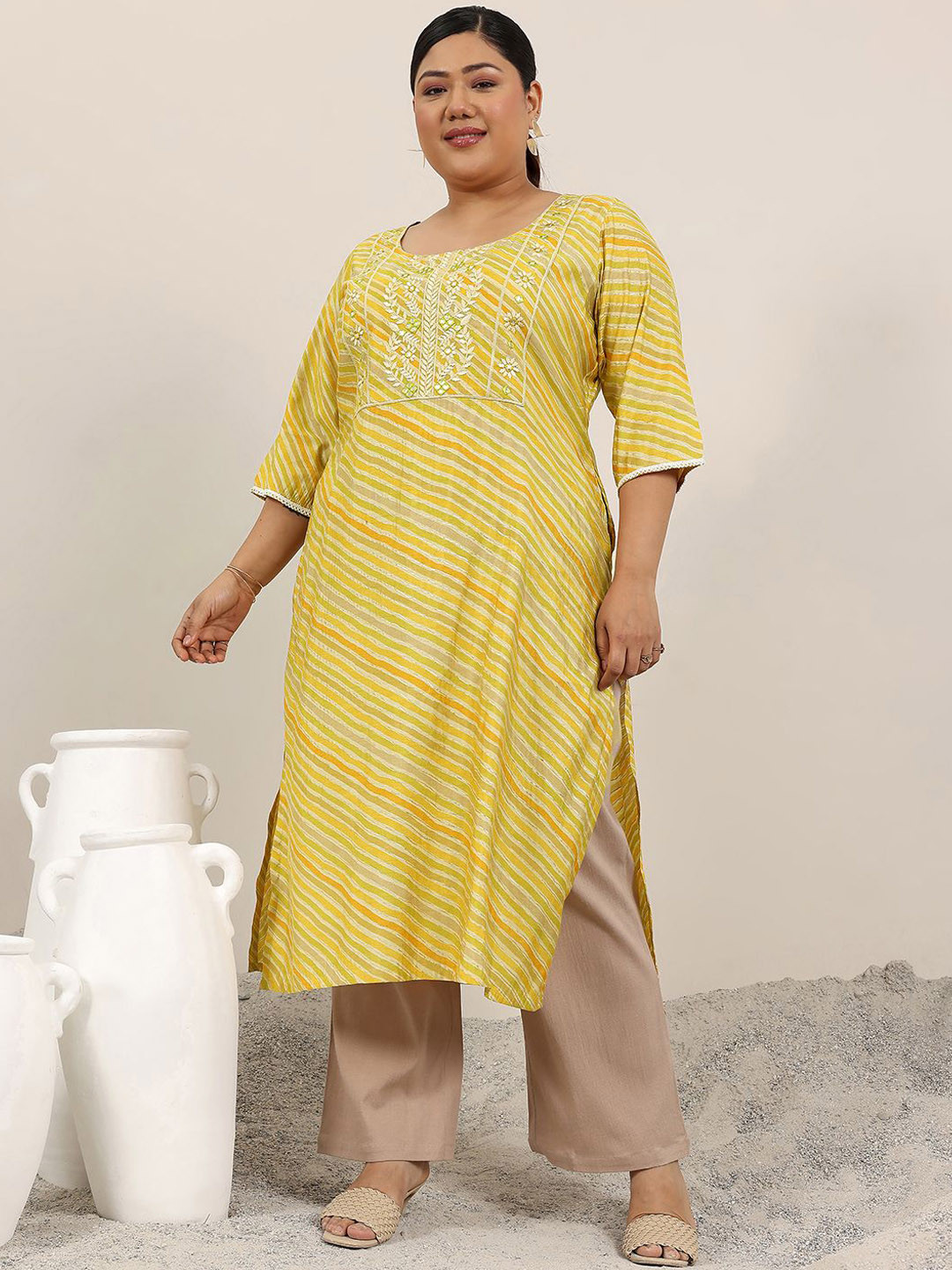 

EXTRA LOVE BY LIBAS Plus Size Leheriya Printed Thread Work Straight Kurta, Mustard