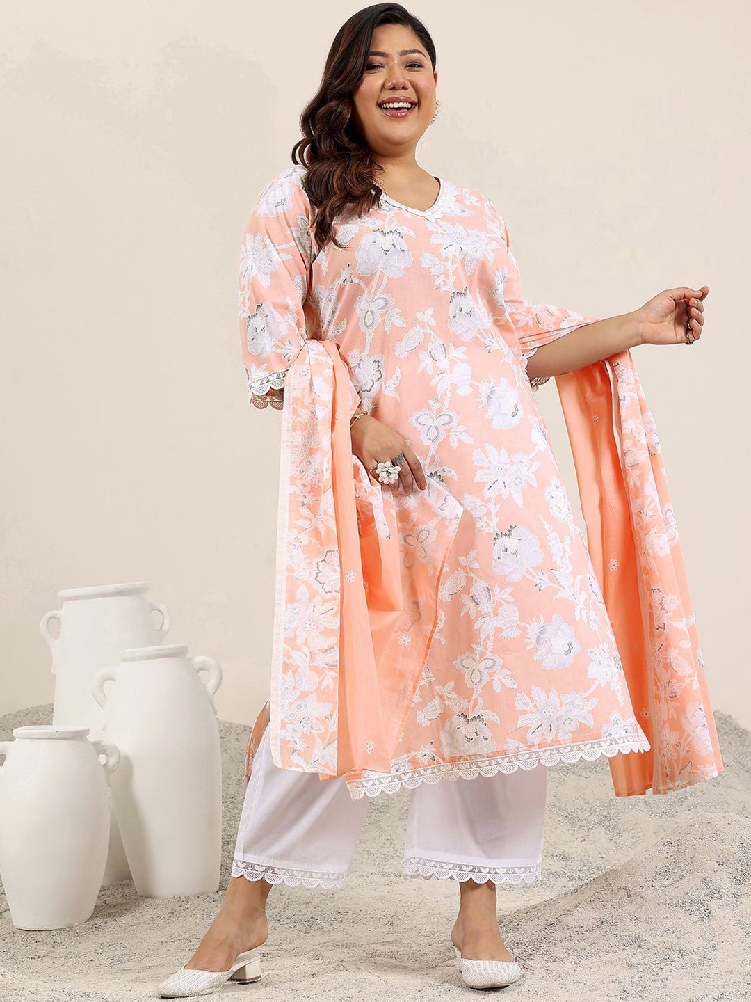 

EXTRA LOVE BY LIBAS Women Floral Printed Regular Sequinned Kurta with Trousers & With Dupatta, Peach