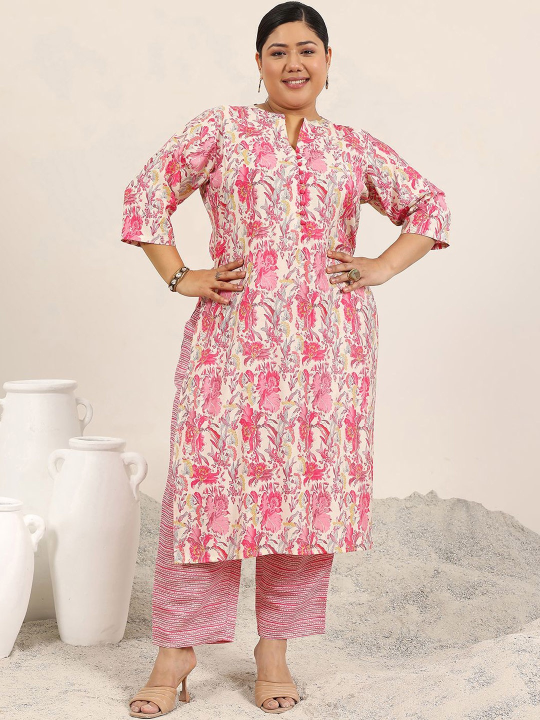 EXTRA LOVE BY LIBAS Plus Size Floral Printed Mandarin Collar Straight Kurta With Trousers, Pink