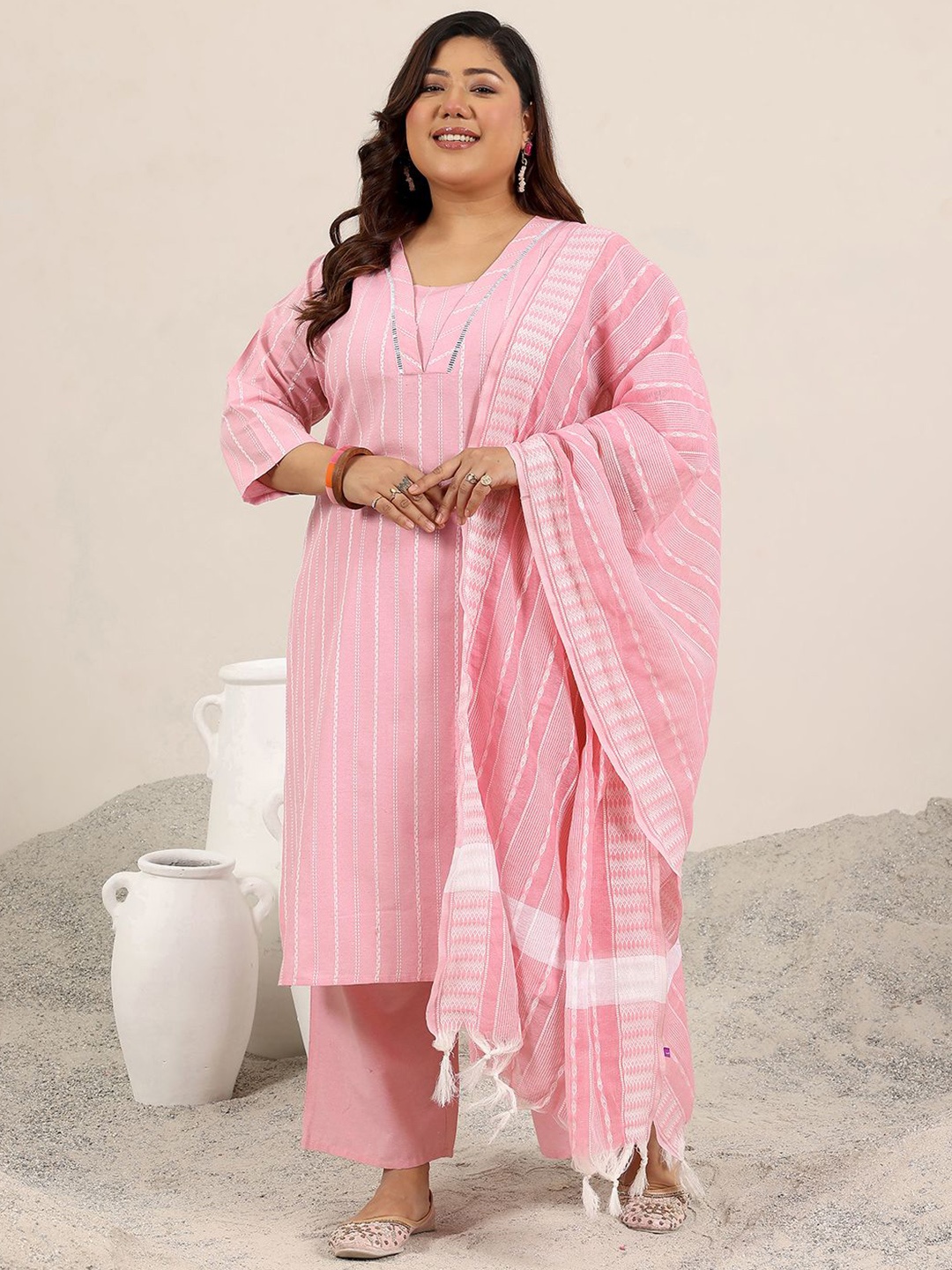 

EXTRA LOVE BY LIBAS Plus Size Striped Woven Design Thread Work Kurta & Trouser & Dupatta, Pink