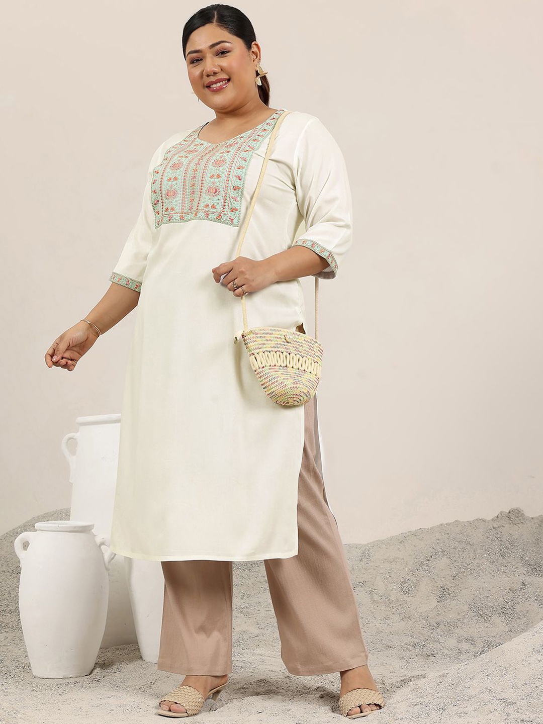 

EXTRA LOVE BY LIBAS Plus Size Floral Yoke Design Thread Work Straight Kurta, Off white
