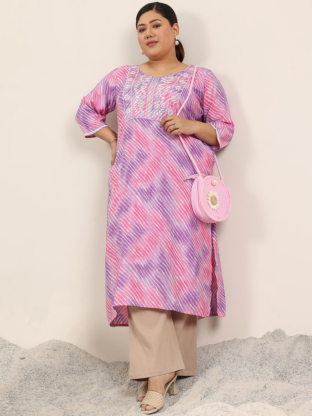 

EXTRA LOVE BY LIBAS Plus Size Leheriya Printed Thread Work Straight Kurta, Lavender