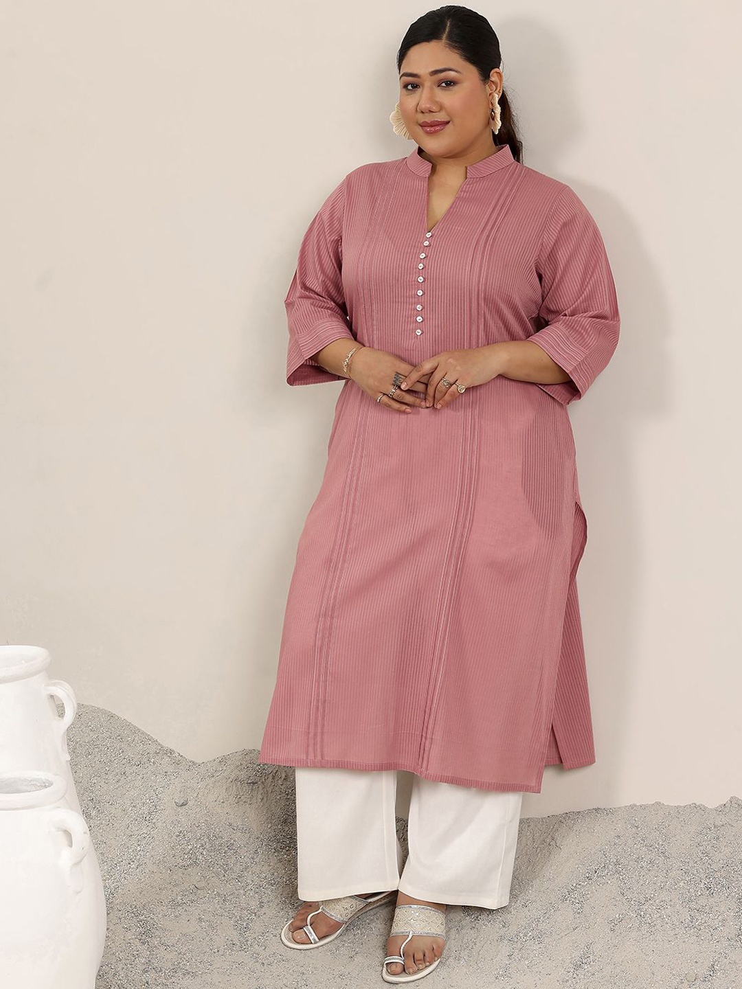 

EXTRA LOVE BY LIBAS Plus Size Striped Mandarin Collar Pleated Cotton Straight Kurta, Mauve