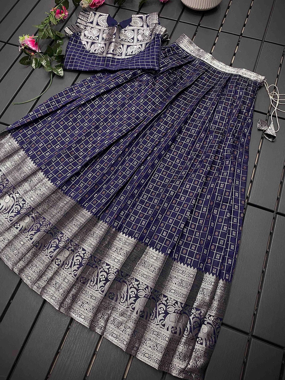 

DEVATITHI Girls Woven Design Zari Detail Lehenga With Choli, Navy blue