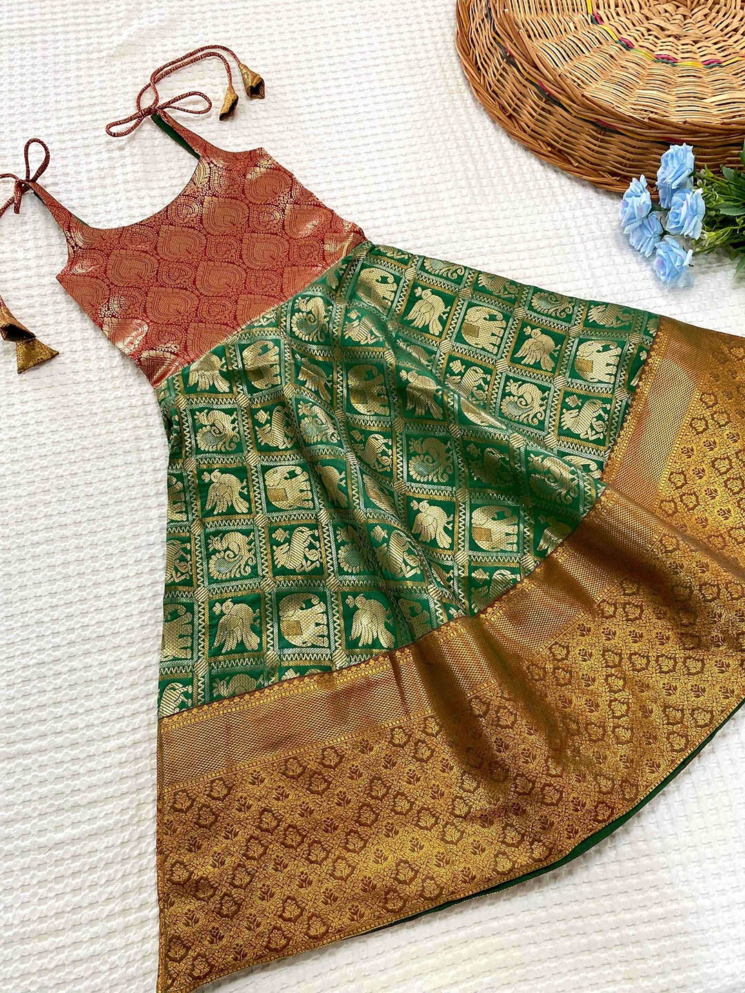 

DEVATITHI Girls Green Ethnic Motifs Woven Design Ethnic Dress