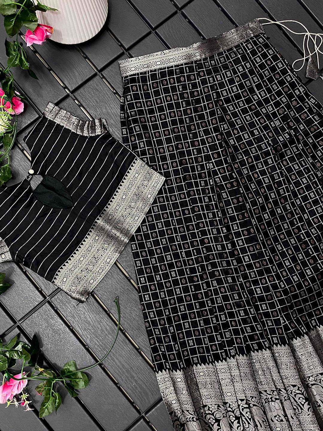 

DEVATITHI Girls Woven Design Zari Lehenga With Choli, Black