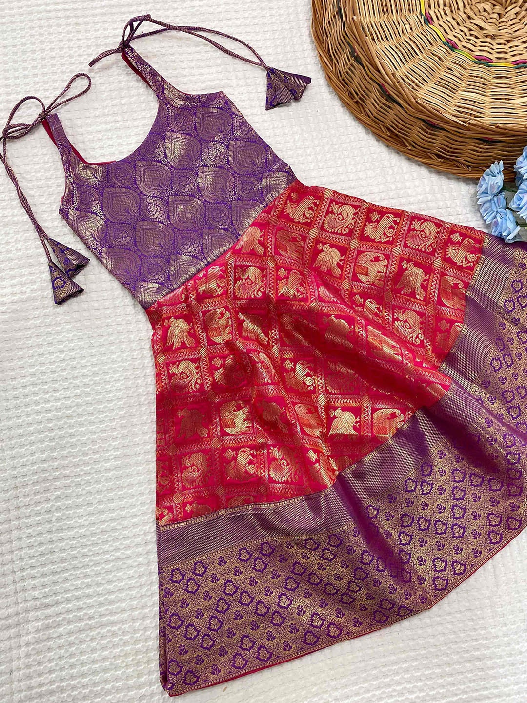 

DEVATITHI Girls Pink Ethnic Motifs Woven Design Fit and Flare Ethnic Dress