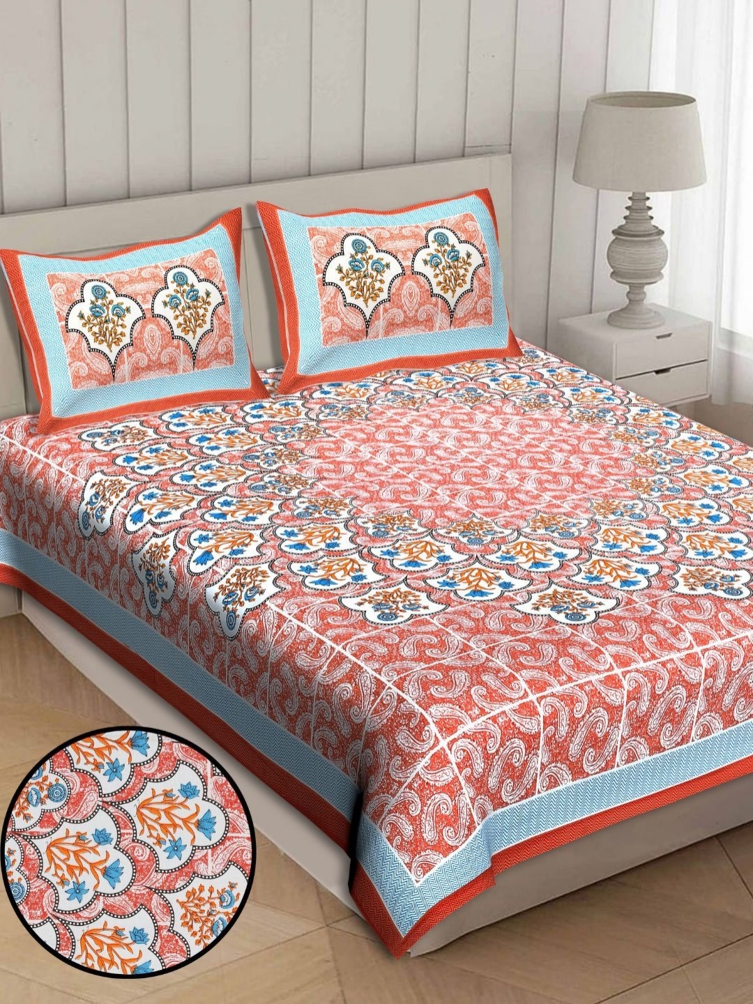 

Butea Crape Peach And Blue Printed Cotton 180 TC King Bedsheet Set 2.70 m x 2.35 m