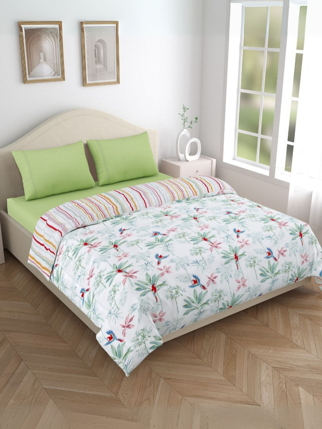 

haus & kinder Green & White 4 Pieces Floral Printed Cotton Double King Bedding Set