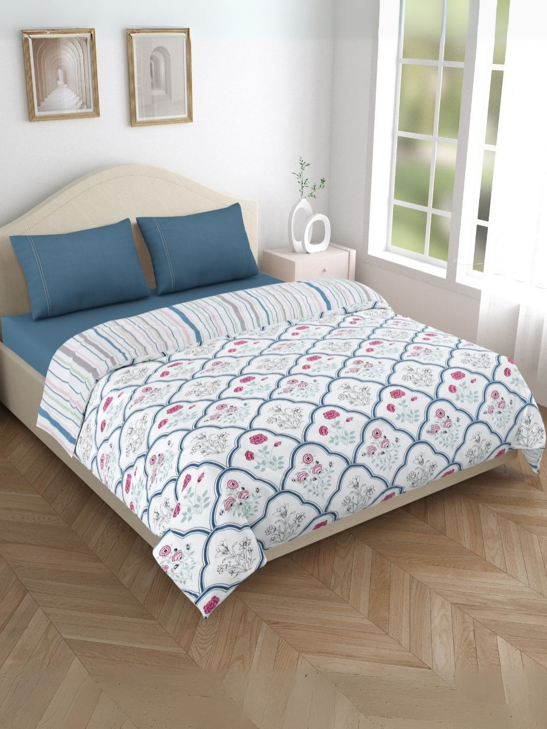 

haus & kinder Blue 4 Pieces Ethnic Motifs Printed Cotton Double King Regular Bedding Set