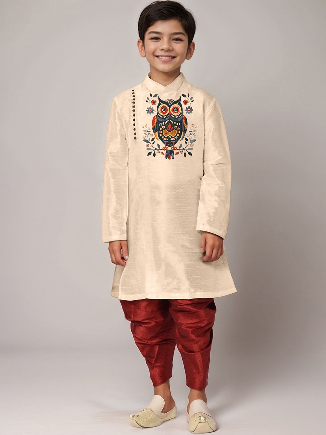 

DEVOILER Boys Ethnic Motifs Printed Mandarin Collar Straight Kurta With Dhoti Pants, Beige