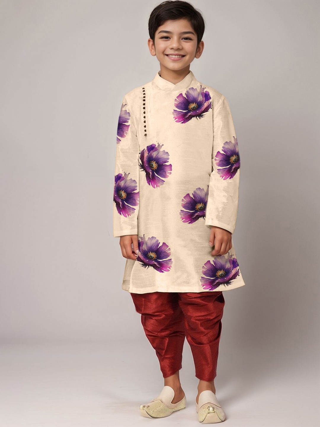 

DEVOILER Boys Floral Printed Mandarin Collar Straight Kurta With Dhoti Pants, Beige