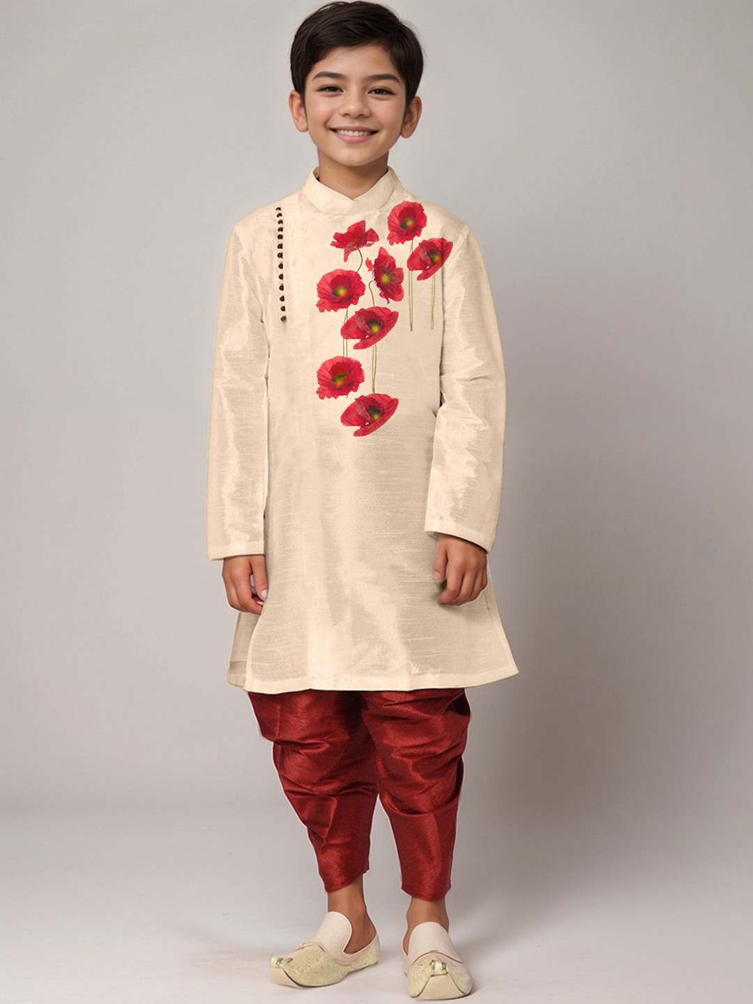 

DEVOILER Boys Floral Printed Mandarin Collar Straight Kurta With Dhoti Pants, Beige