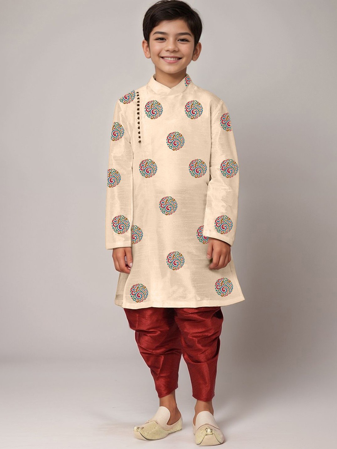 

DEVOILER Boys Ethnic Motifs Printed Mandarin Collar Straight Kurta With Dhoti Pants, Beige