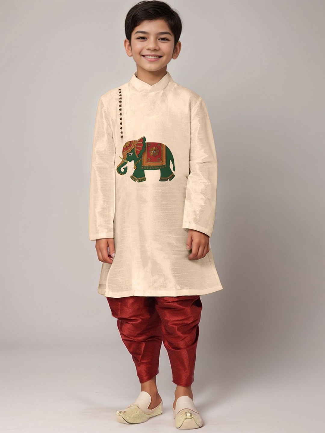 

DEVOILER Boys Elephant Printed Mandarin Collar Straight Kurta With Dhoti Pants, Beige