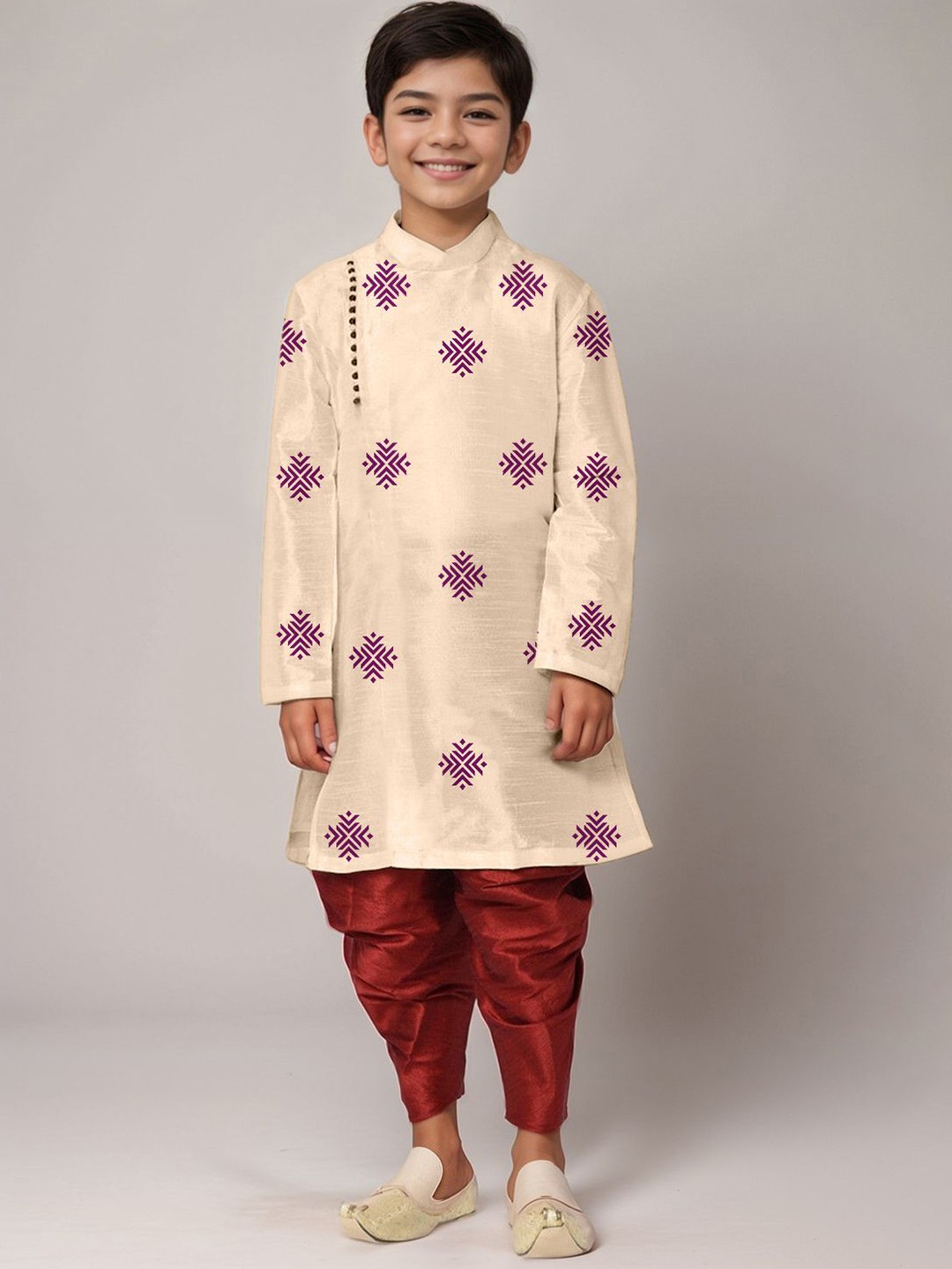 

DEVOILER Boys Geometric Printed Mandarin Collar Straight Kurta With Dhoti Pants, Beige