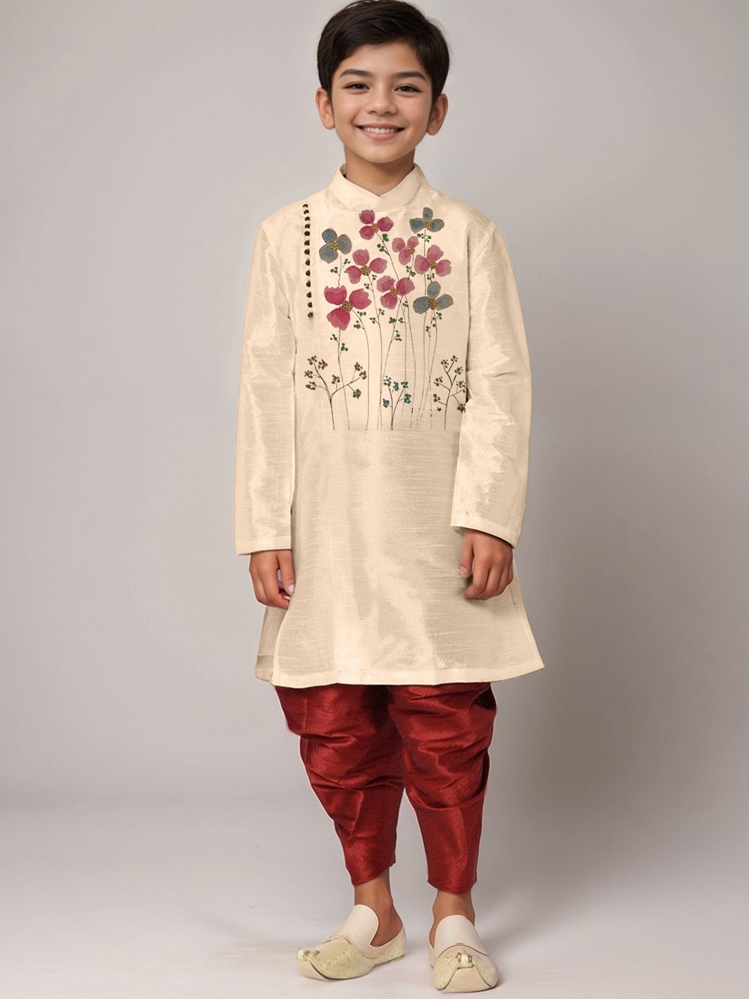 

DEVOILER Boys Floral Printed Mandarin Collar Straight Kurta With Dhoti Pants, Beige