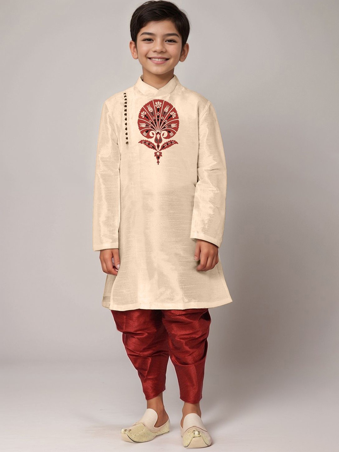 

DEVOILER Boys Ethnic Motifs Printed Mandarin Collar Straight Kurta With Dhoti Pants, Beige