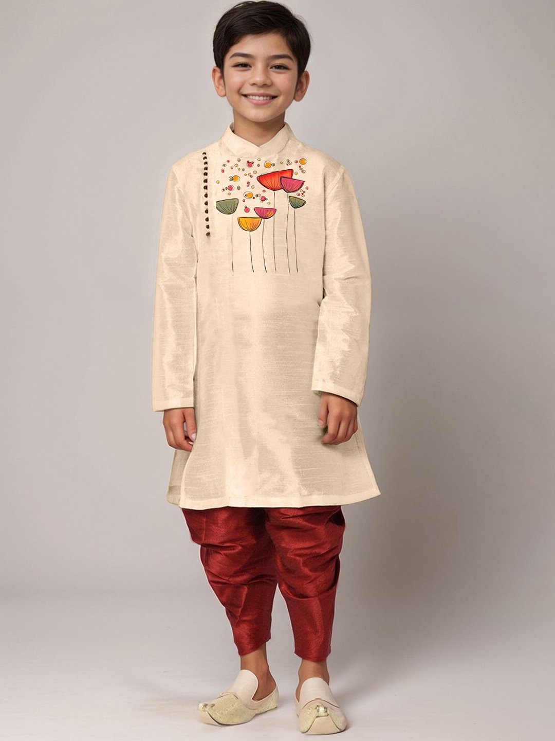 

DEVOILER Boys Floral Printed Mandarin Collar Straight Kurta With Dhoti Pants, Beige