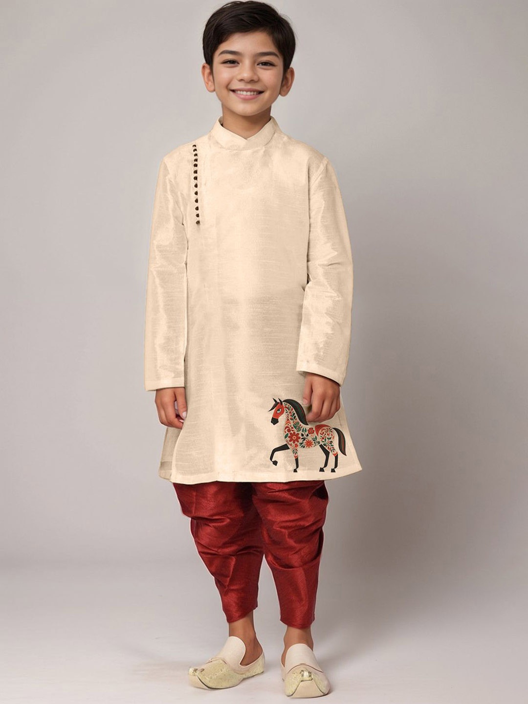 

DEVOILER Boys Floral Printed Mandarin Collar Straight Kurta With Dhoti Pants, Beige