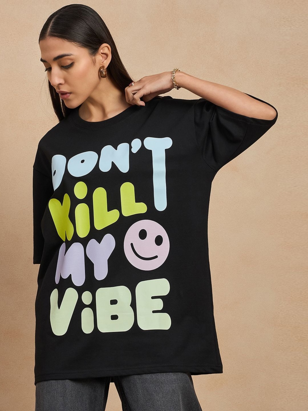 

COLOR CAPITAL Women Typography Printed Round Neck Cotton Oversized T-shirt, Black