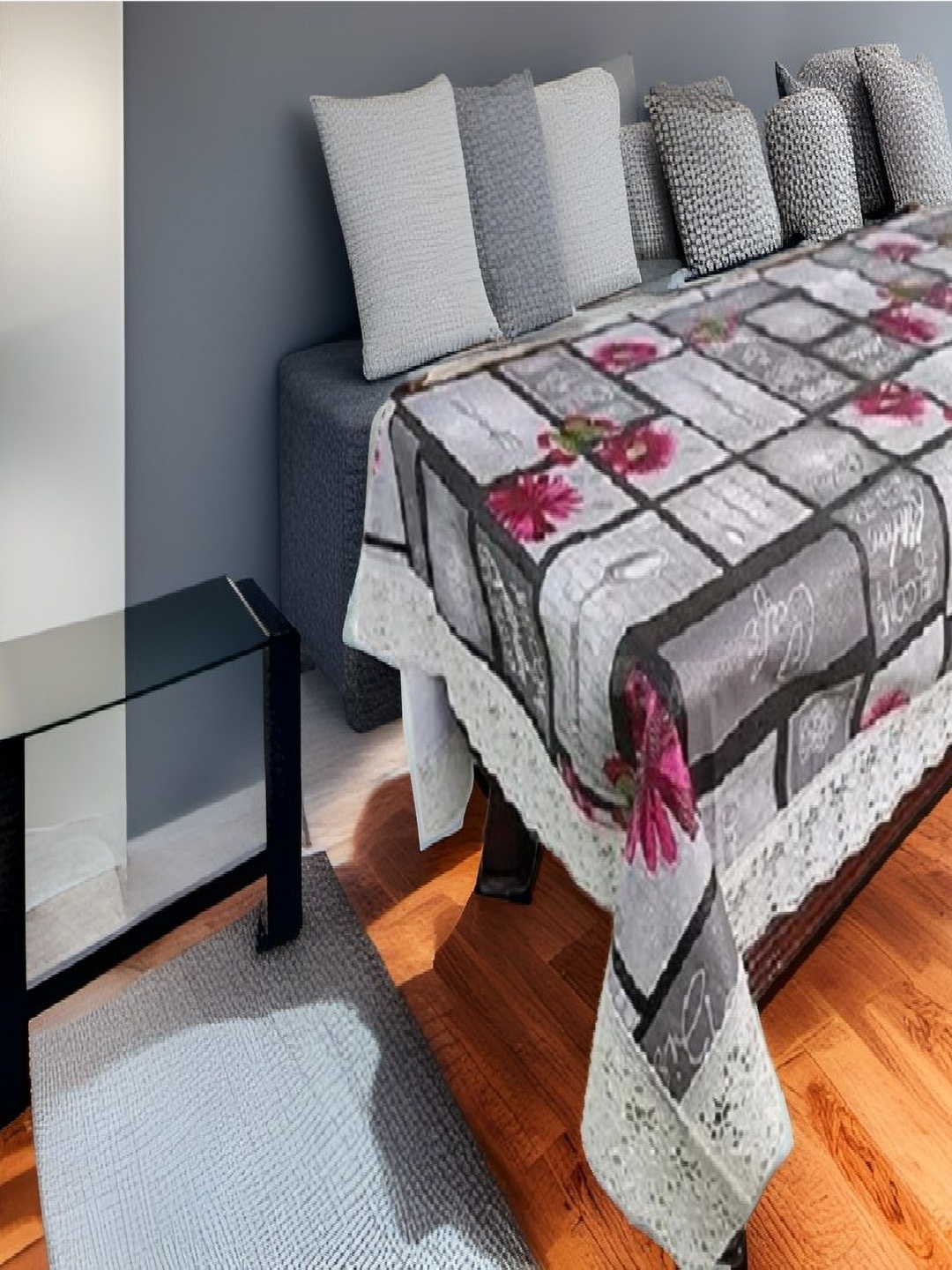 

REVEXO Grey and Pink Floral Printed 4-Seater Table Cover