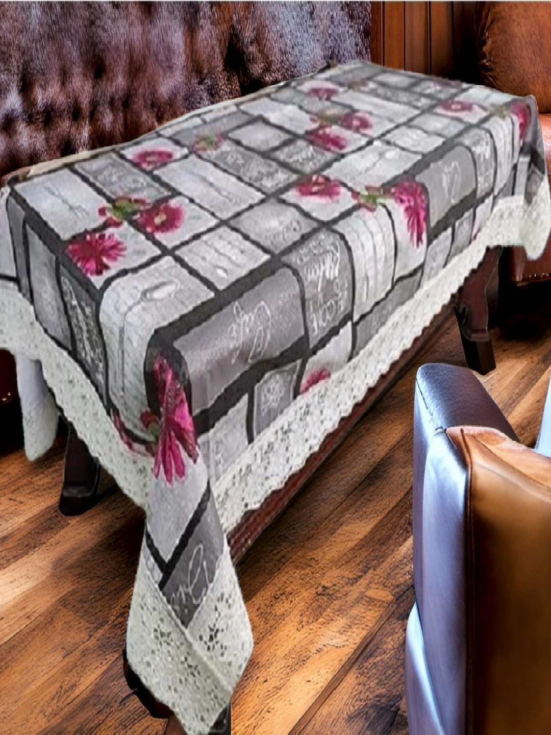 

REVEXO Grey and White Floral Printed 4-Seater Table Cover