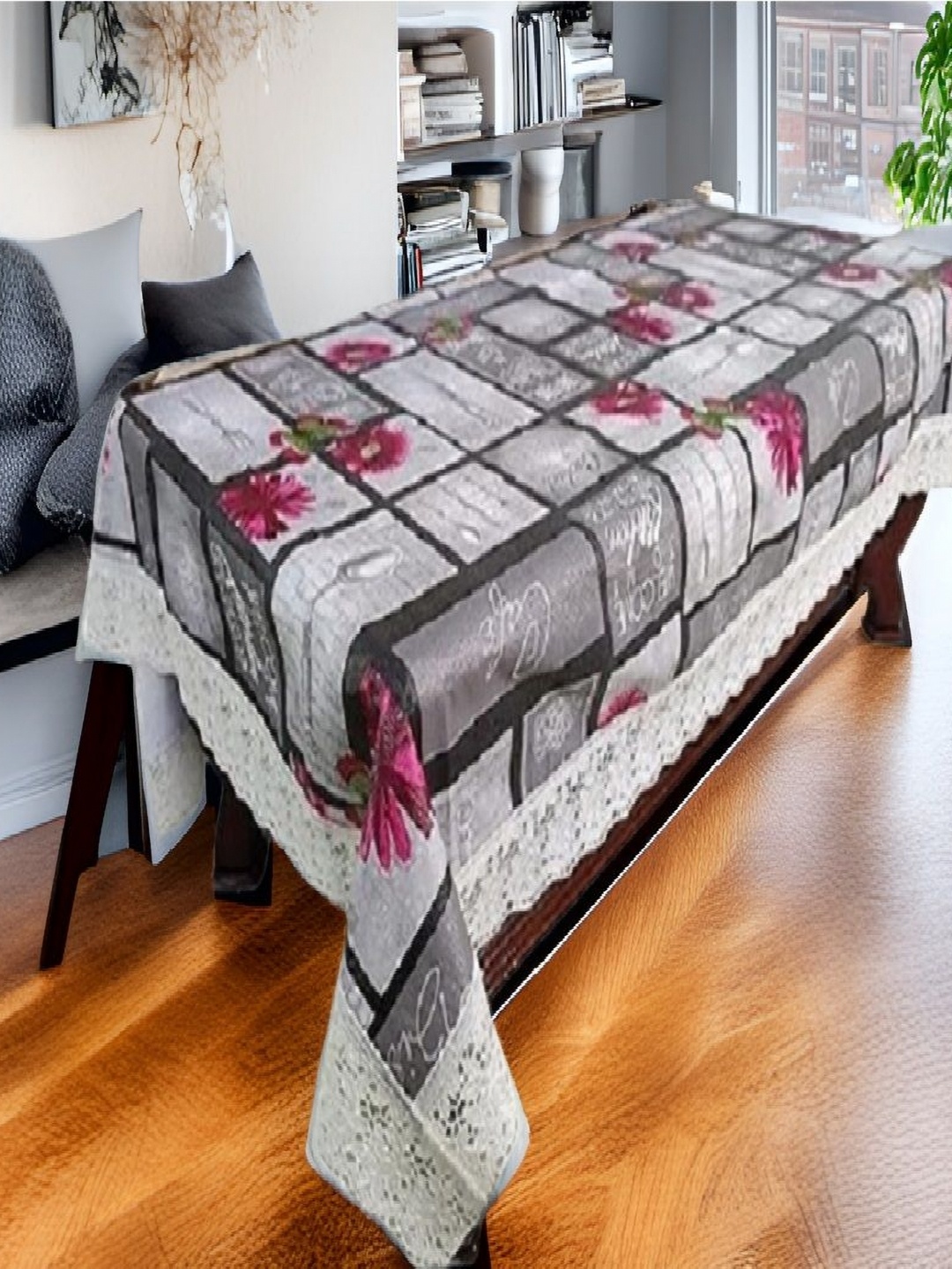 

REVEXO Grey and Black Floral Printed 4-Seater Table Cover
