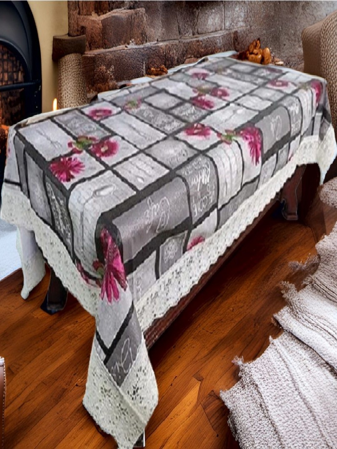 

REVEXO Grey and Pink Floral Printed 4-Seater Table Cover