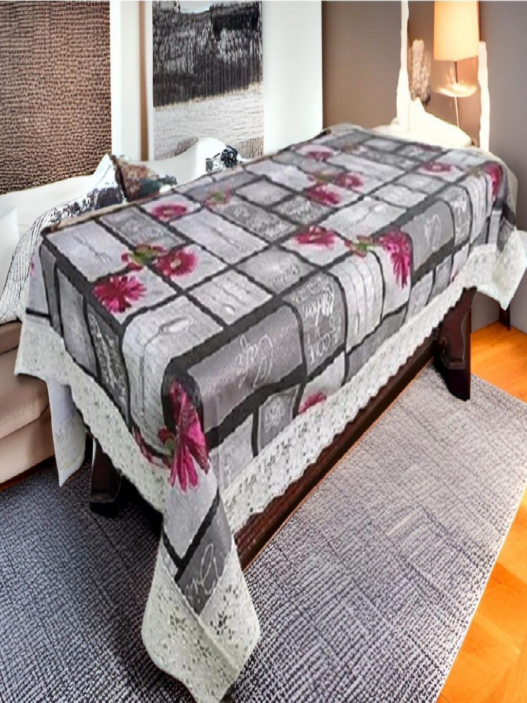 

REVEXO Grey and Black Floral Printed 4-Seater Table Cover