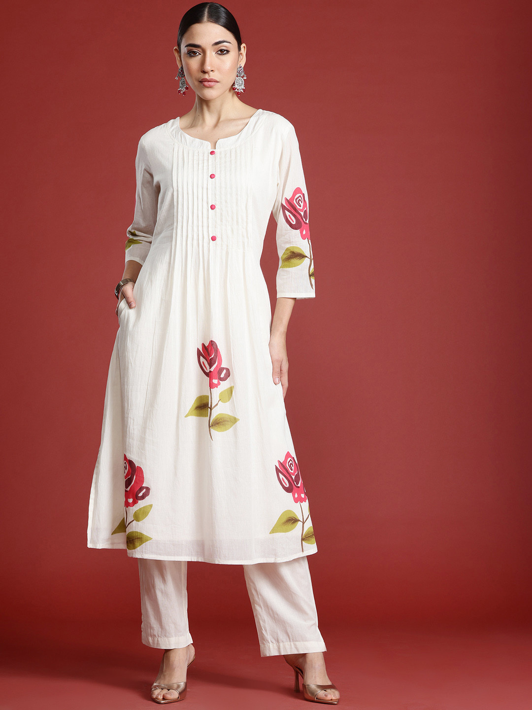 

Indo Era Floral Printed Pure Cotton A-Line Kurta with Trousers, Off white
