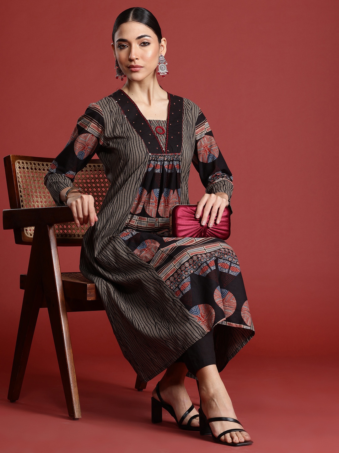 

Indo Era Printed Panelled Sequinned Pure Cotton A-Line Kurta with Trousers, Multi