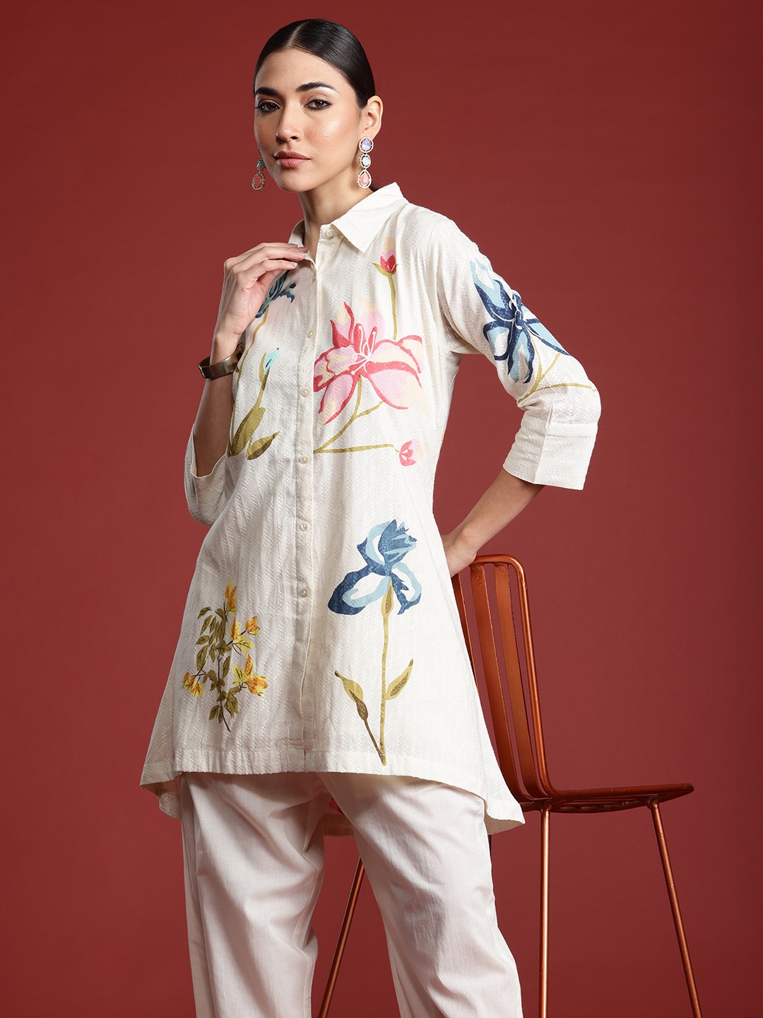 

Indo Era Floral Printed Pure Cotton Kurti with Trousers, Off white