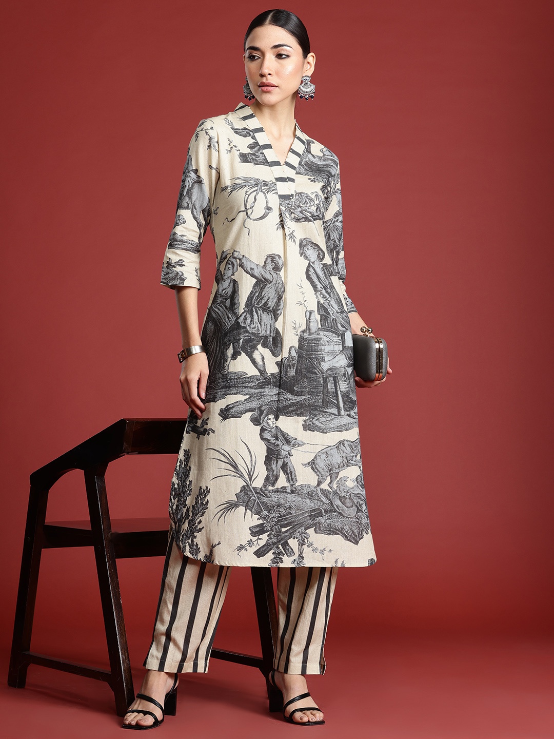 

Indo Era Printed Linen Kurta with Trousers, Beige
