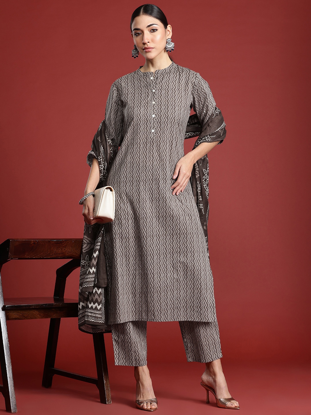 

Indo Era Printed Pure Cotton Kurta with Trousers & With Dupatta, Brown