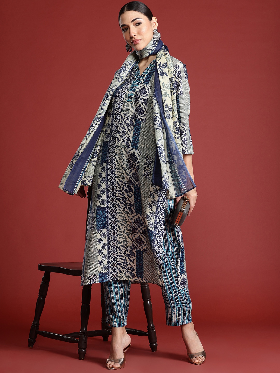 

Indo Era Women Ethnic Motifs Printed Pure Cotton Kurta with Trousers & With Dupatta, Blue